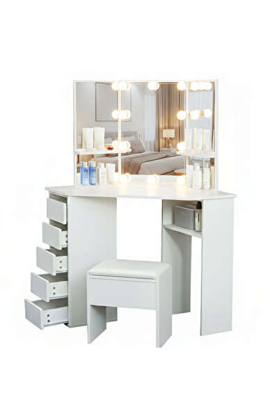 sharpdo Bedroom Dressing Table and Stool Set, With 3 Mirrors and LED 3-Color ...
