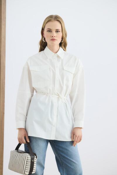 KADRİYE BAŞTÜRK Oversized Shirt with Pockets and Piping Belt Ecru
