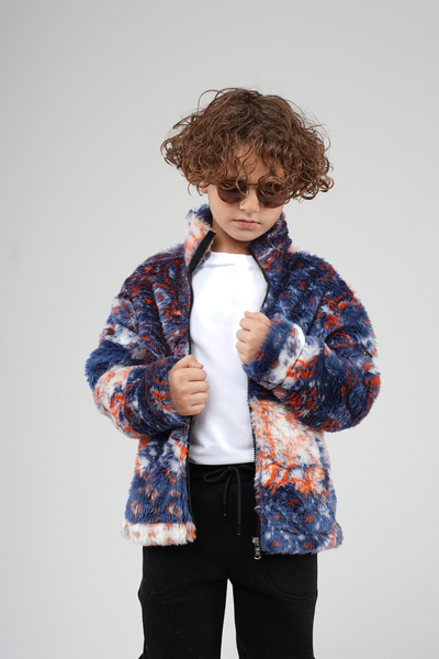 Butik Trend Biz Kids' Stand Collar Zippered Patterned Plush Fleece