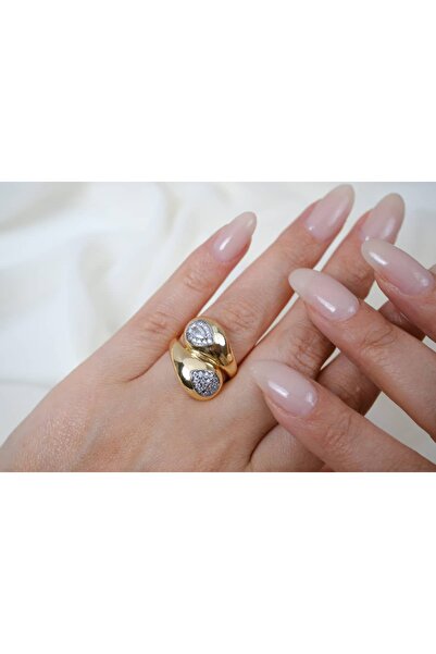 ATELİER TUĞBA Yzk262 Gold Color Drop Shape Double Stone Zircon Adjustable Ring