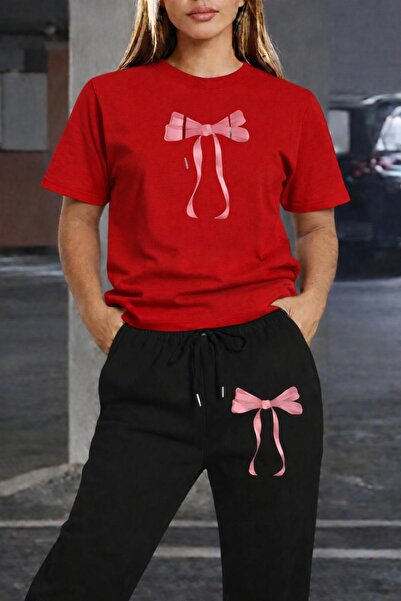 zeag طقم تي شيرت رياضي نسائي مطبوع بشريط وردي