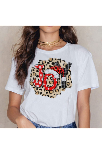 Kartier Women's White Christmas Joy Leopard T-Shirt