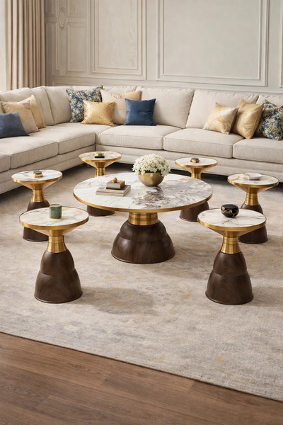 MARIA HOMES Modern 1+6 Center Table Set Marble Pattern Top Gold Detail Dark W...