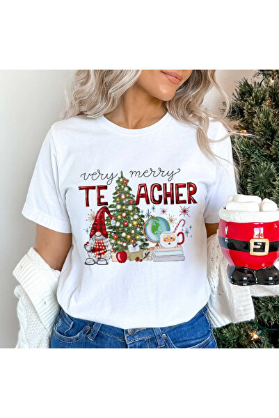 Kartier Women's White Merry Teacher Gnome T-Shirt