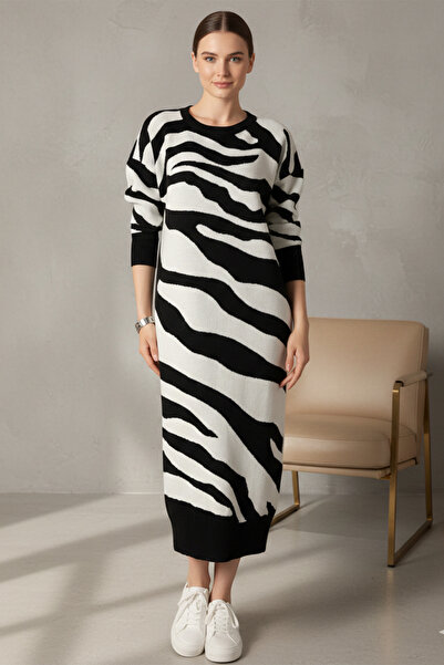 Kirazgym Women's Zebra Pattern Slit Detailed Knitwear Dress - Black