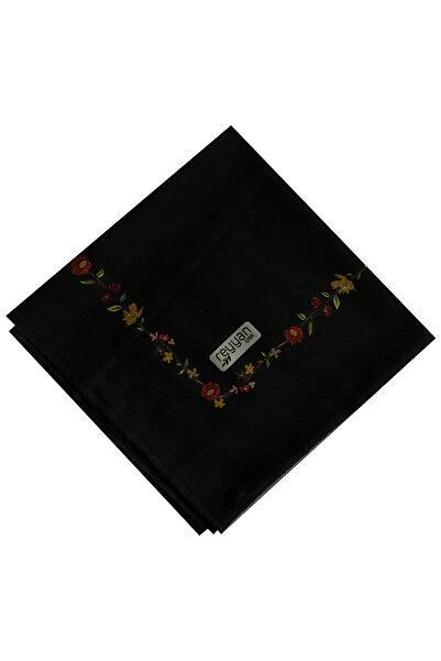 REYYAN İpek Kırmızı ve Hardal Kenar Çiçekli Siyah Yazma 100 cm