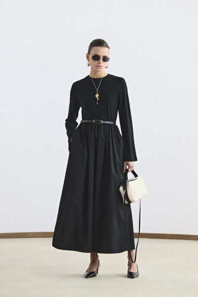 KADRİYE BAŞTÜRK Dar Kesim Kemerli Mix Elbise Siyah