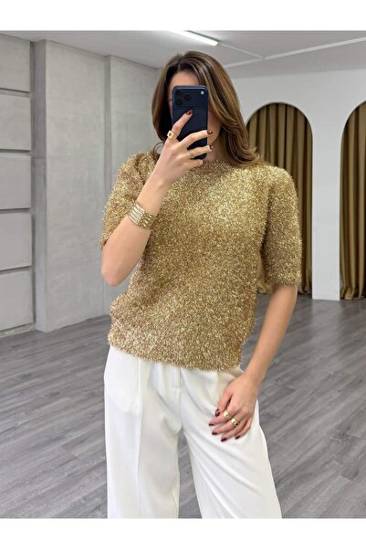 Coral Simli Sakallı Kısa Kol Kazak 7684 Altın