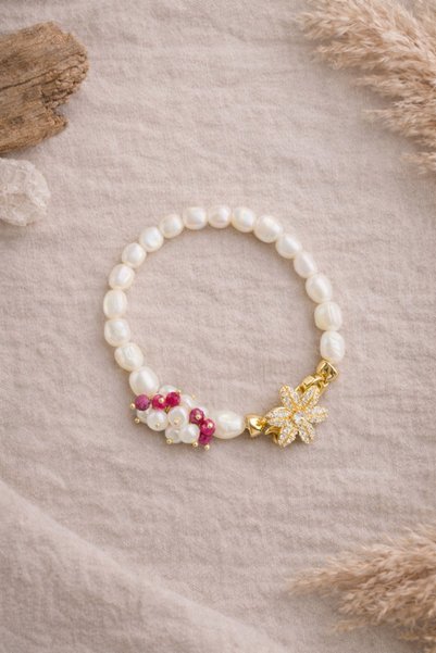 Saff Doğal Taş Silver Detailed Pearl & Ruby Zircon Interlocking Bracelet