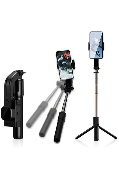 Techsuit Selfie Stick Gimbal with Remote and LED Light, Sleep Mode, 76cm - Black