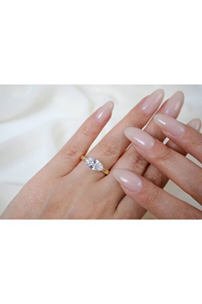 ATELİER TUĞBA Yzk267 Gold Color Marquise Cut White Stone Adjustable Ring