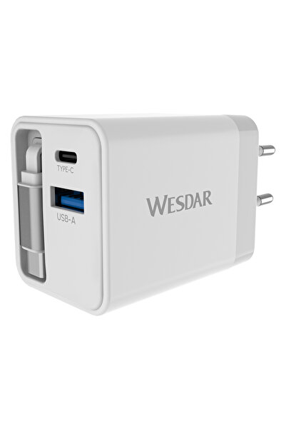 Wesdar AC289-1C1A Hızlı Şarj Adaptörü GaN 45W Dahili Geri Sarılabilir Type-C ...