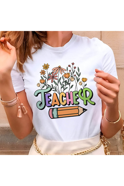 Kartier Women's White Teacher Flowers T-Shirt