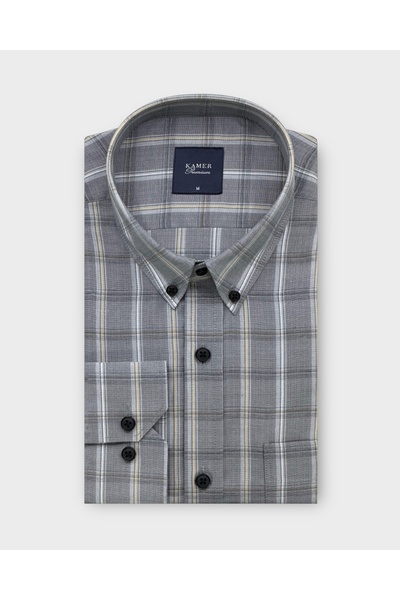 KAMER Men's Regular Fit Long Sleeve Button-Up Collar Double Pocket Plaid Gray...