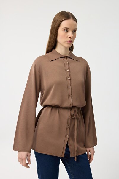KADRİYE BAŞTÜRK Düğmeli İnce Triko Hırka Toprak