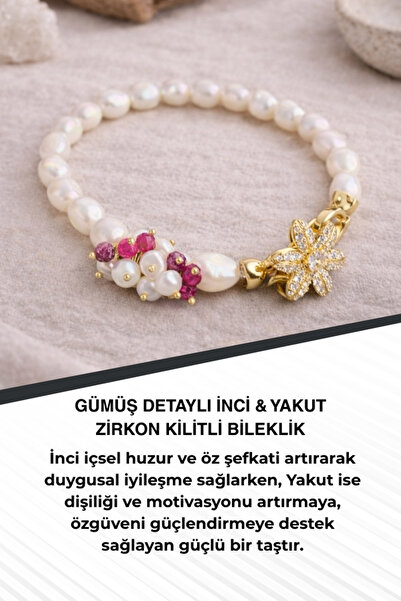 Saff Doğal Taş Gümüş Detaylı İnci & Yakut Zirkon kilitli Bileklik