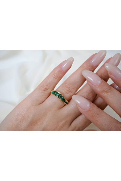 ATELİER TUĞBA Yzk259 Gold Color Green Baguette Stone Wave Shape Adjustable Ring