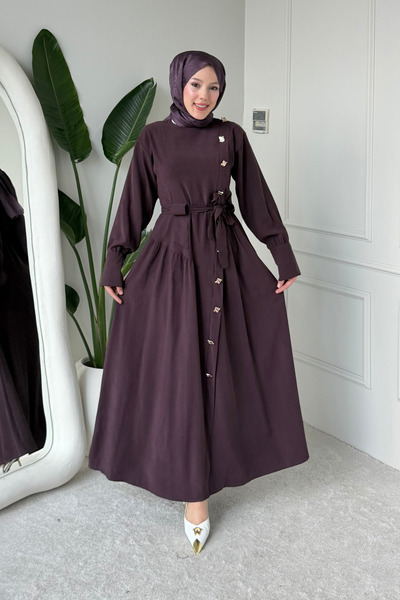 Tesettür Diyarı Penta Cupra Tansel Kumaş Kuşaklı Tesettür Elbise- Mürdüm