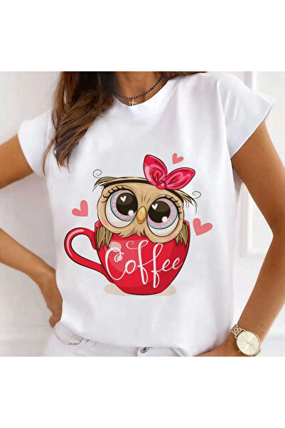 Kartier Women's White T-Shirt Red Coffee Owl