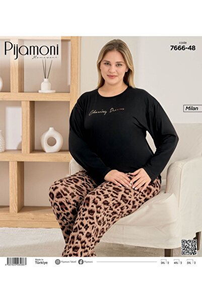 Pijamoni Milan Kumaş Büyük Beden Uzun kollu Bisiklet Yaka Pijama Takımı