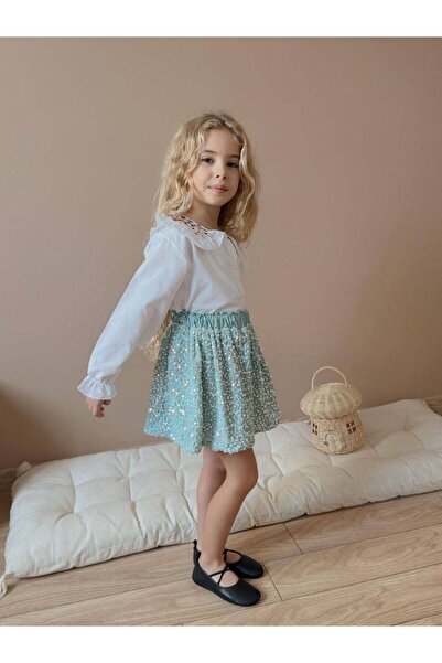VOSVOSBABYSTORE Water Green Sequined Skirt & Embroidered Blouse Children's Set