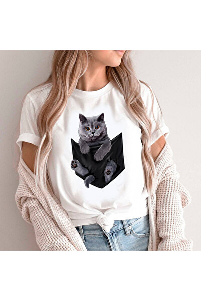 Kartier Дамска бяла тениска с британска сива котка