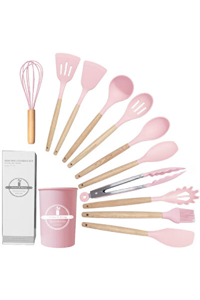 OEM Set of 12 silicone cooking utensils, MDSALE@ durable bamboo handle PINK