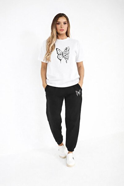 zeag SET DE TRICOU ȘI PANTALONI DE TRENING PENTRU FEMEI, ALB, CU IMPRIMEU FLU...