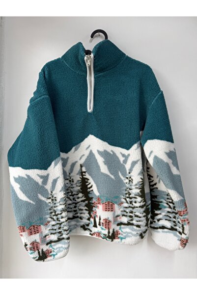 Leova Kadın Petrol Mavi Dağ Desenli Yarım Fermuarlı Peluş Polar Sweatshirt Ov...