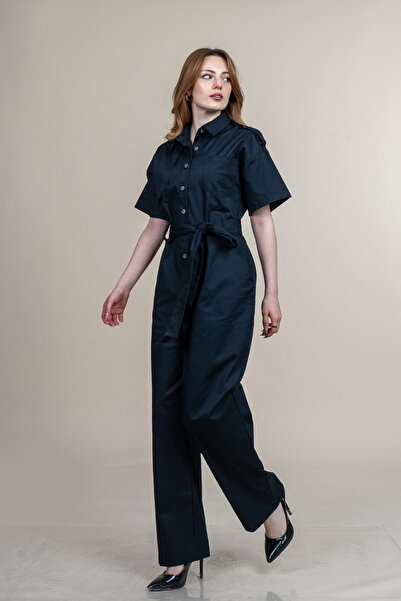 MissVina Trend Short Sleeve Belted Pocketed Jumpsuit 9535