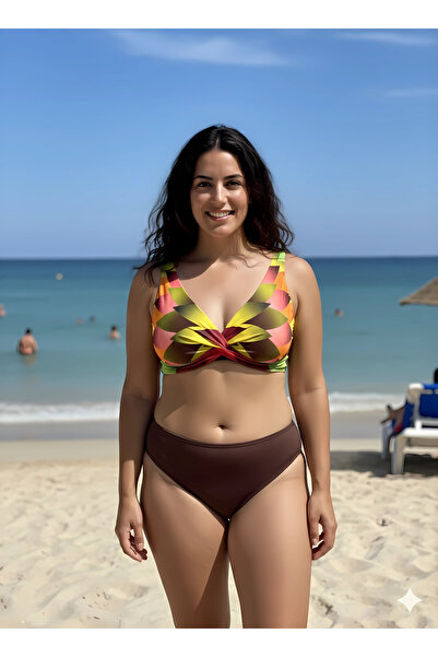 hazelin Women's Brown Multi-Color High Waist Lined Plus Size Bikini Set Hzl25...