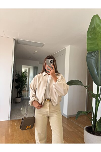 MERVE AKSOY Danny Fermuarlı Bomber Ceket - Bej