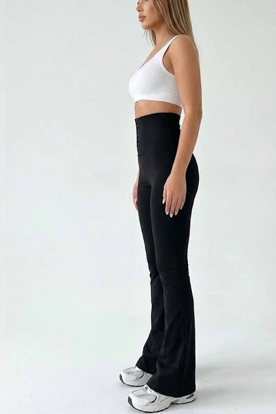 vynor atelier Kadın Siyah Yüksek Bel Kopçalı Korse Detaylı Toparlayıcı İspanyol Paça Tayt Pantolon