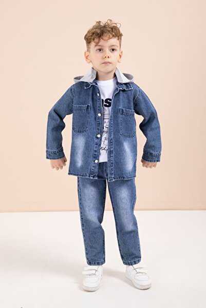 Cansın Mini Blue Hooded Jean Jacket and Pants, Boy's Printed T-Shirt, 3-Piece...