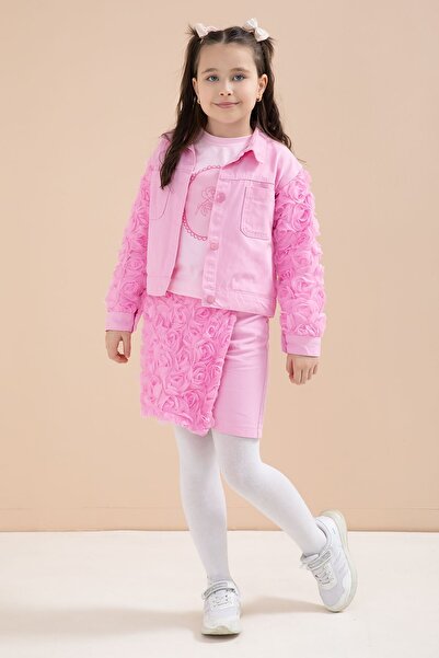 Cansın Mini Set 3 piese pentru fete, cu trandafir roz, fustă scurtă și jachet...