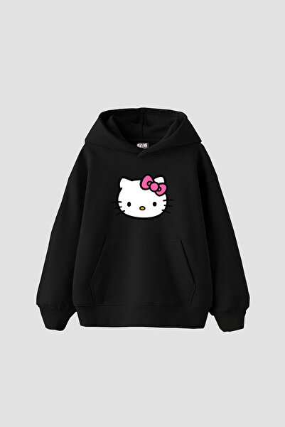 Sekizbiraltı Cute Kitty Printed Oversize Unisex Black Hoodie