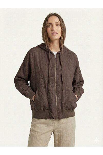 della moor Women's Brown Italian Zippered Hooded Low Sleeve Oversize Linen Bl...
