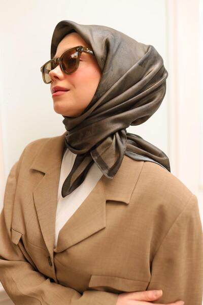 Silk Home Patterned Shiny Scarf - 8647 - Ash Brown