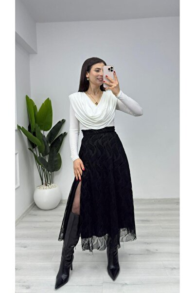 TUNAM BUTİK 8429 Slit Detailed Patterned Lace Skirt Black