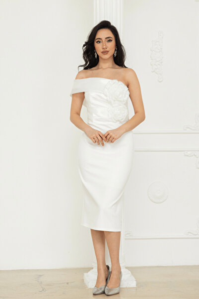 BEYBOS فستان قلمي من قماش الأورجانزا المزدوج مع تفاصيل زهور - أبيض