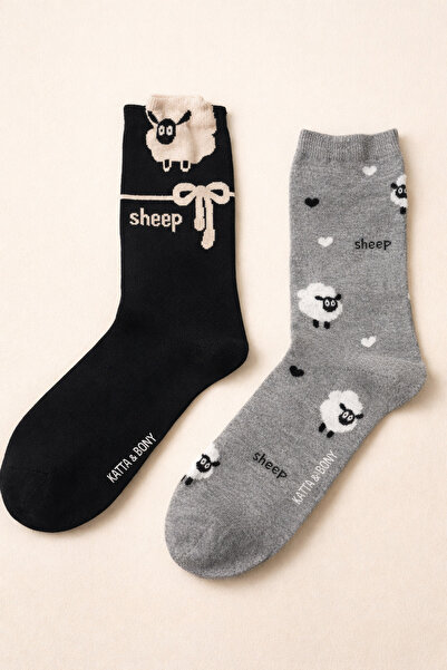 Katia&Bony Women's 2-Piece Lamb Patterned Socks Gray Mix