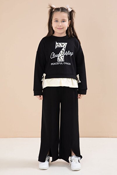 Cansın Mini Черни панталони с цепка, панделка и принт емблема Детски комплект...