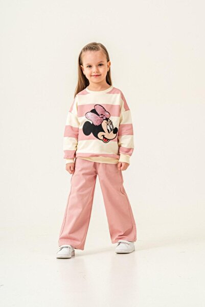 Asortix طقم بنطلون للبنات سويت شيرت مخطط + بنطلون واسع الساق طقم من قطعتين-E-...