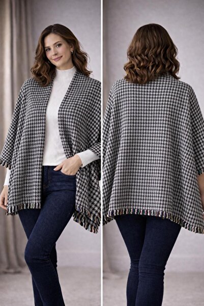 Hayalet Woolen Soft Checkered Crow's Feet Patterned Winter Poncho
