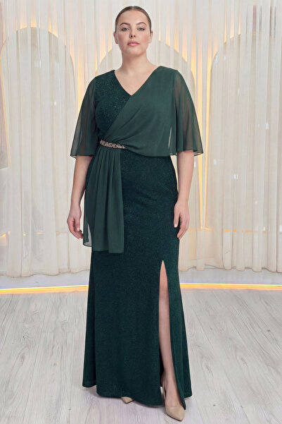 the ZKS Kadın Taş Detaylı Şifon Kol Simli Abiye Elbise Lacivert, Lila,Siyah,Y...