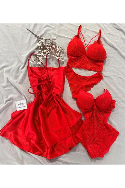 MH Moony Homewears Salekos Red 4-Piece Satin Nightgown Underwear Set