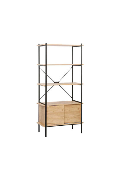 Adore Mobilya Retro 4 Raflı Sürgü Kapaklı Metal Kitaplık - Ceviz/Siyah 80x163...