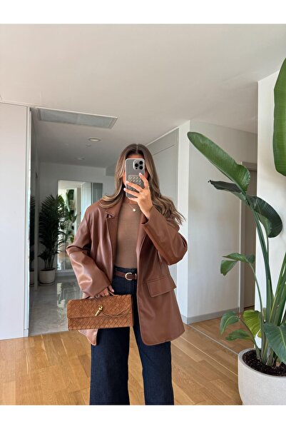 MERVE AKSOY Georg Kapak Cepli Deri Ceket - Kahve