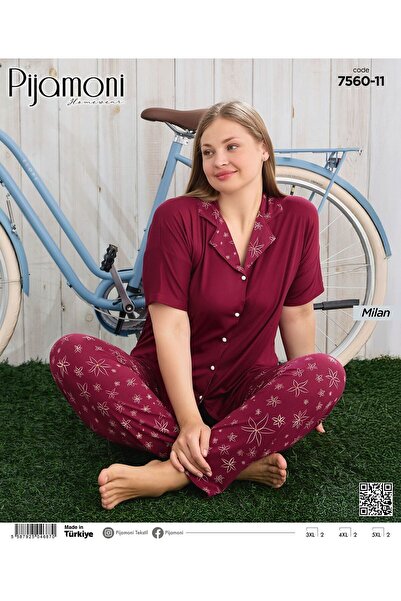 Pijamoni Milan Fabric Large Size Short Sleeve Buttoned Pajama Set