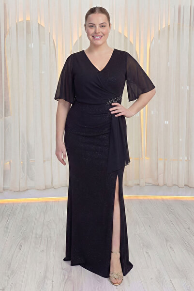 the ZKS Kadın Taş Detaylı Şifon Kol Simli Abiye Elbise Lacivert, Lila,Siyah,Y...